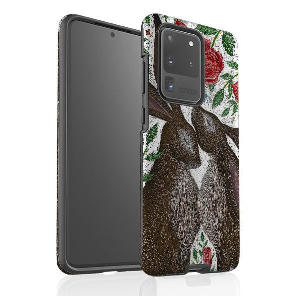Samsung phone case-Hares And Red Roses By Catherine Rowe-Product Details Raised bevel to protect screen from scratches. Impact resistant polycarbonate shell and shock absorbing inner TPU liner. Secure fit with design wrapping around side of the case and full access to ports. Compatible with Qi-standard wireless charging. Thickness 1/8 inch (3mm), weight 30g. Compatibility See drop down menu for options, please select the right case as we print to order.-Stringberry