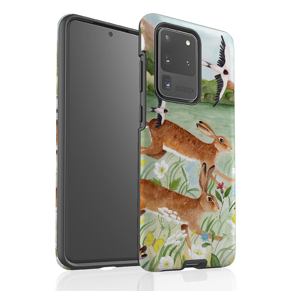 Samsung phone case-Hares By Bex Parkin-Product Details Raised bevel to protect screen from scratches. Impact resistant polycarbonate shell and shock absorbing inner TPU liner. Secure fit with design wrapping around side of the case and full access to ports. Compatible with Qi-standard wireless charging. Thickness 1/8 inch (3mm), weight 30g. Compatibility See drop down menu for options, please select the right case as we print to order.-Stringberry