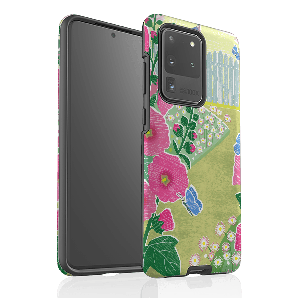 Samsung phone case-Hollyhocks By Liane Payne-Product Details Raised bevel to protect screen from scratches. Impact resistant polycarbonate shell and shock absorbing inner TPU liner. Secure fit with design wrapping around side of the case and full access to ports. Compatible with Qi-standard wireless charging. Thickness 1/8 inch (3mm), weight 30g. Compatibility See drop down menu for options, please select the right case as we print to order.-Stringberry