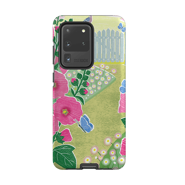Samsung phone case-Hollyhocks By Liane Payne-Product Details Raised bevel to protect screen from scratches. Impact resistant polycarbonate shell and shock absorbing inner TPU liner. Secure fit with design wrapping around side of the case and full access to ports. Compatible with Qi-standard wireless charging. Thickness 1/8 inch (3mm), weight 30g. Compatibility See drop down menu for options, please select the right case as we print to order.-Stringberry