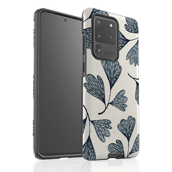 Samsung phone case-Indigo Leaves By Katherine Quinn-Product Details Raised bevel to protect screen from scratches. Impact resistant polycarbonate shell and shock absorbing inner TPU liner. Secure fit with design wrapping around side of the case and full access to ports. Compatible with Qi-standard wireless charging. Thickness 1/8 inch (3mm), weight 30g. Compatibility See drop down menu for options, please select the right case as we print to order.-Stringberry