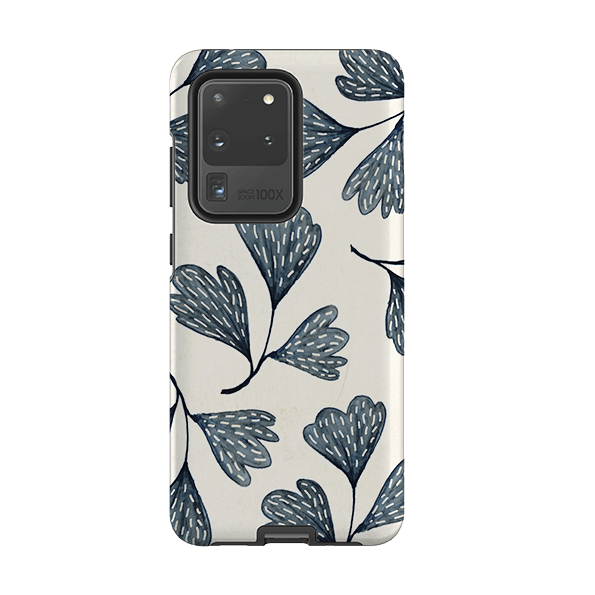 Samsung phone case-Indigo Leaves By Katherine Quinn-Product Details Raised bevel to protect screen from scratches. Impact resistant polycarbonate shell and shock absorbing inner TPU liner. Secure fit with design wrapping around side of the case and full access to ports. Compatible with Qi-standard wireless charging. Thickness 1/8 inch (3mm), weight 30g. Compatibility See drop down menu for options, please select the right case as we print to order.-Stringberry