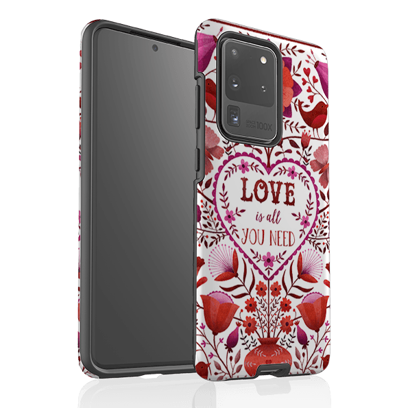 Samsung phone case-Love Is All You Need By Suzy Taylor-Product Details Raised bevel to protect screen from scratches. Impact resistant polycarbonate shell and shock absorbing inner TPU liner. Secure fit with design wrapping around side of the case and full access to ports. Compatible with Qi-standard wireless charging. Thickness 1/8 inch (3mm), weight 30g. Compatibility See drop down menu for options, please select the right case as we print to order.-Stringberry