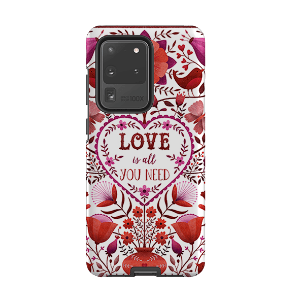 Samsung phone case-Love Is All You Need By Suzy Taylor-Product Details Raised bevel to protect screen from scratches. Impact resistant polycarbonate shell and shock absorbing inner TPU liner. Secure fit with design wrapping around side of the case and full access to ports. Compatible with Qi-standard wireless charging. Thickness 1/8 inch (3mm), weight 30g. Compatibility See drop down menu for options, please select the right case as we print to order.-Stringberry