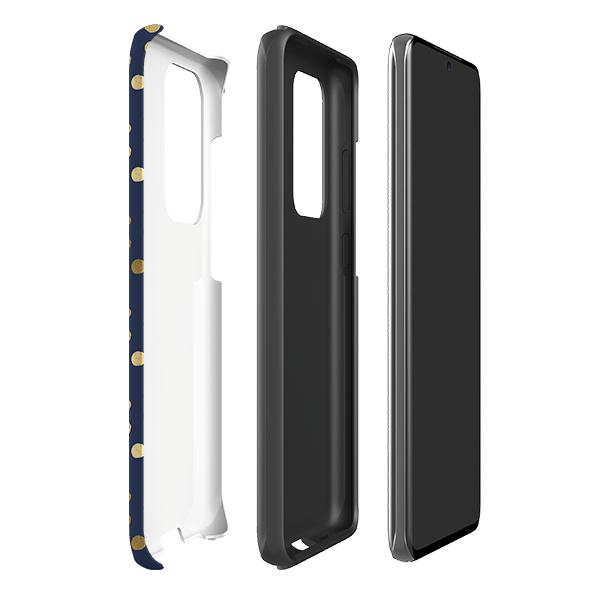 Samsung phone case-Navy Polka-Product Details Raised bevel to protect screen from scratches. Impact resistant polycarbonate shell and shock absorbing inner TPU liner. Secure fit with design wrapping around side of the case and full access to ports. Compatible with Qi-standard wireless charging. Thickness 1/8 inch (3mm), weight 30g. Compatibility See drop down menu for options, please select the right case as we print to order.-Stringberry
