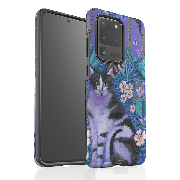 Samsung phone case-Night Cats 2 By Mary Stubberfield-Product Details Raised bevel to protect screen from scratches. Impact resistant polycarbonate shell and shock absorbing inner TPU liner. Secure fit with design wrapping around side of the case and full access to ports. Compatible with Qi-standard wireless charging. Thickness 1/8 inch (3mm), weight 30g. Compatibility See drop down menu for options, please select the right case as we print to order.-Stringberry