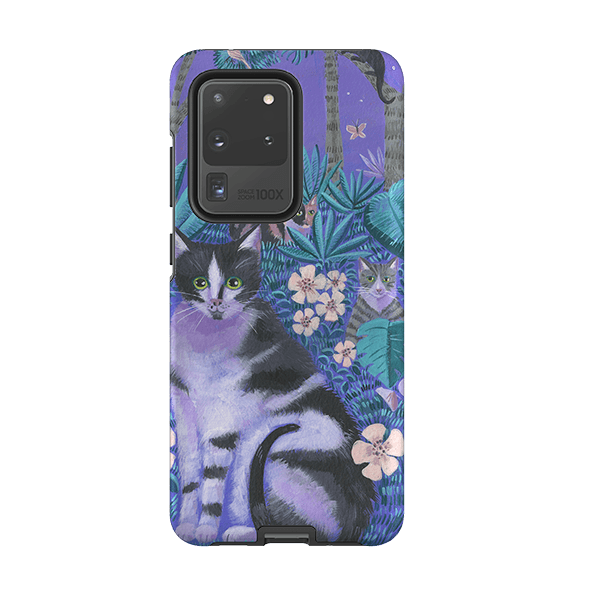 Samsung phone case-Night Cats 2 By Mary Stubberfield-Product Details Raised bevel to protect screen from scratches. Impact resistant polycarbonate shell and shock absorbing inner TPU liner. Secure fit with design wrapping around side of the case and full access to ports. Compatible with Qi-standard wireless charging. Thickness 1/8 inch (3mm), weight 30g. Compatibility See drop down menu for options, please select the right case as we print to order.-Stringberry
