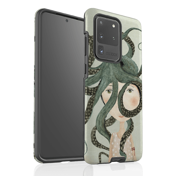 Samsung phone case-Octopus Girl By Katherine Quinn-Product Details Raised bevel to protect screen from scratches. Impact resistant polycarbonate shell and shock absorbing inner TPU liner. Secure fit with design wrapping around side of the case and full access to ports. Compatible with Qi-standard wireless charging. Thickness 1/8 inch (3mm), weight 30g. Compatibility See drop down menu for options, please select the right case as we print to order.-Stringberry