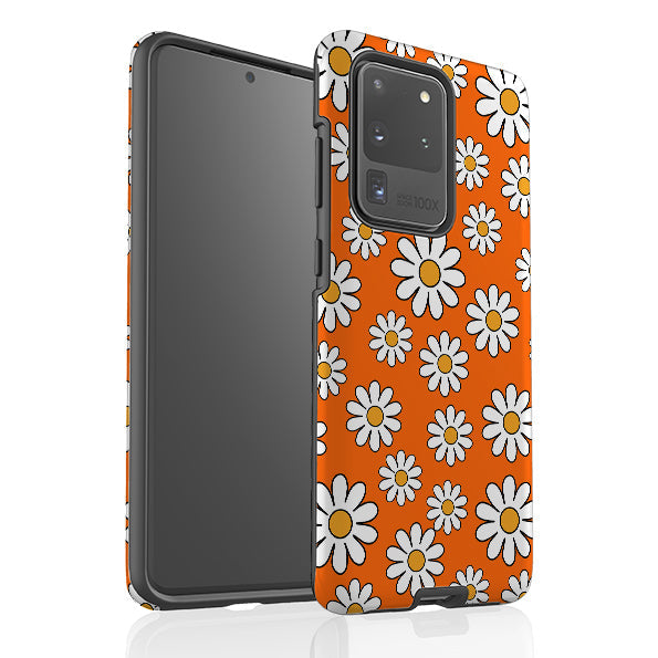 Samsung phone case-Orange Daises-Product Details Raised bevel to protect screen from scratches. Impact resistant polycarbonate shell and shock absorbing inner TPU liner. Secure fit with design wrapping around side of the case and full access to ports. Compatible with Qi-standard wireless charging. Thickness 1/8 inch (3mm), weight 30g. Compatibility See drop down menu for options, please select the right case as we print to order.-Stringberry