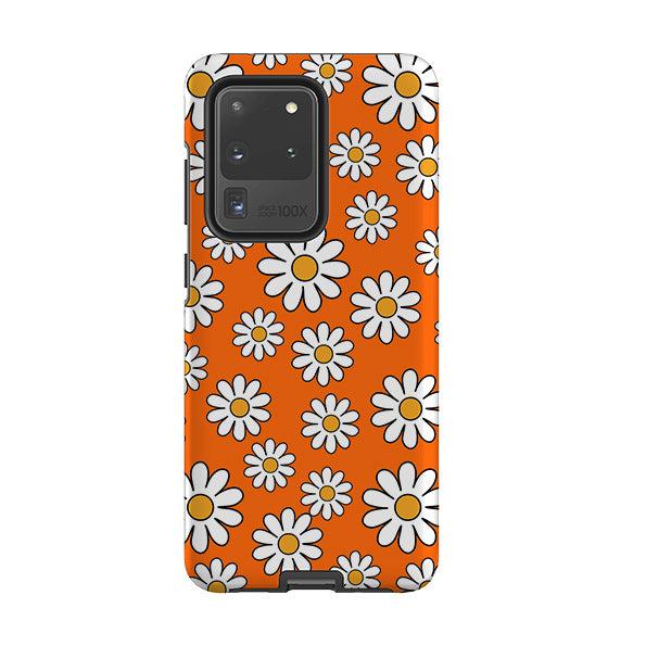 Samsung phone case-Orange Daises-Product Details Raised bevel to protect screen from scratches. Impact resistant polycarbonate shell and shock absorbing inner TPU liner. Secure fit with design wrapping around side of the case and full access to ports. Compatible with Qi-standard wireless charging. Thickness 1/8 inch (3mm), weight 30g. Compatibility See drop down menu for options, please select the right case as we print to order.-Stringberry