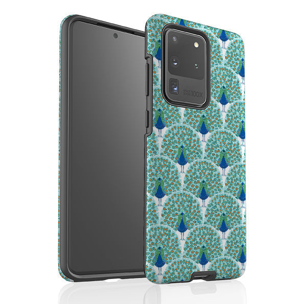 Samsung phone case-Peacock By Natalie Pedetti Prack-Product Details Raised bevel to protect screen from scratches. Impact resistant polycarbonate shell and shock absorbing inner TPU liner. Secure fit with design wrapping around side of the case and full access to ports. Compatible with Qi-standard wireless charging. Thickness 1/8 inch (3mm), weight 30g. Compatibility See drop down menu for options, please select the right case as we print to order.-Stringberry
