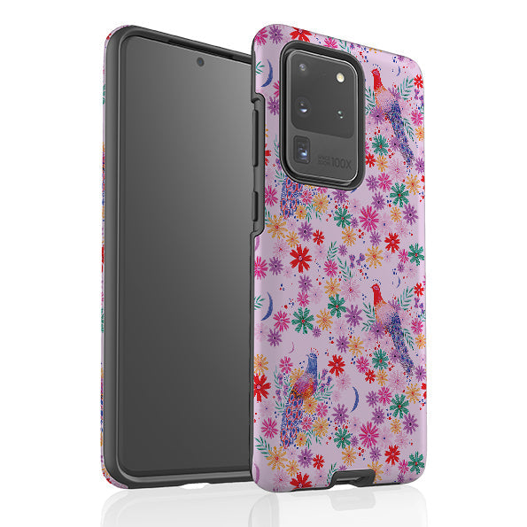Samsung phone case-Peacock Pattern Lilac By Lee Foster Wilson-Product Details Raised bevel to protect screen from scratches. Impact resistant polycarbonate shell and shock absorbing inner TPU liner. Secure fit with design wrapping around side of the case and full access to ports. Compatible with Qi-standard wireless charging. Thickness 1/8 inch (3mm), weight 30g. Compatibility See drop down menu for options, please select the right case as we print to order.-Stringberry