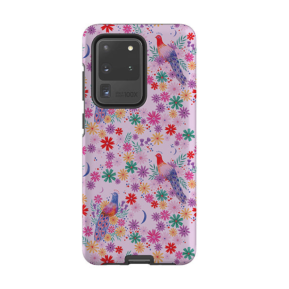 Samsung phone case-Peacock Pattern Lilac By Lee Foster Wilson-Product Details Raised bevel to protect screen from scratches. Impact resistant polycarbonate shell and shock absorbing inner TPU liner. Secure fit with design wrapping around side of the case and full access to ports. Compatible with Qi-standard wireless charging. Thickness 1/8 inch (3mm), weight 30g. Compatibility See drop down menu for options, please select the right case as we print to order.-Stringberry