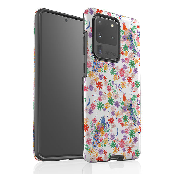 Samsung phone case-Peacock Pattern White By Lee Foster Wilson-Product Details Raised bevel to protect screen from scratches. Impact resistant polycarbonate shell and shock absorbing inner TPU liner. Secure fit with design wrapping around side of the case and full access to ports. Compatible with Qi-standard wireless charging. Thickness 1/8 inch (3mm), weight 30g. Compatibility See drop down menu for options, please select the right case as we print to order.-Stringberry