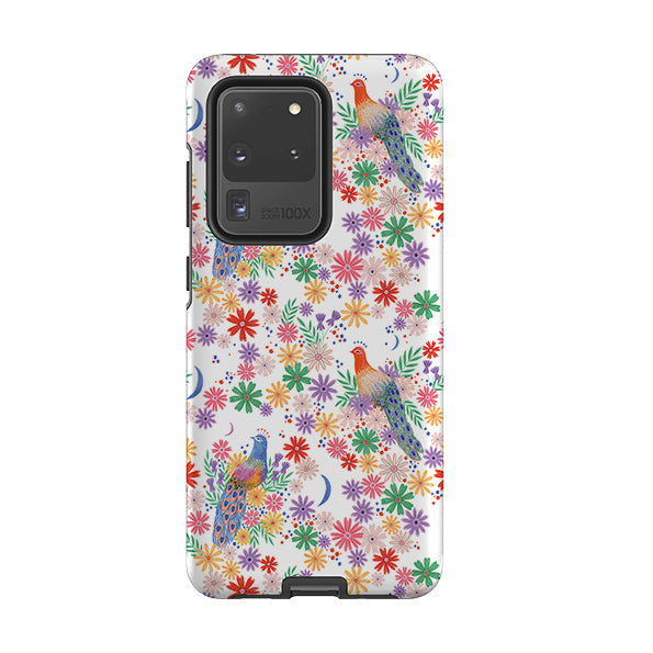 Samsung phone case-Peacock Pattern White By Lee Foster Wilson-Product Details Raised bevel to protect screen from scratches. Impact resistant polycarbonate shell and shock absorbing inner TPU liner. Secure fit with design wrapping around side of the case and full access to ports. Compatible with Qi-standard wireless charging. Thickness 1/8 inch (3mm), weight 30g. Compatibility See drop down menu for options, please select the right case as we print to order.-Stringberry
