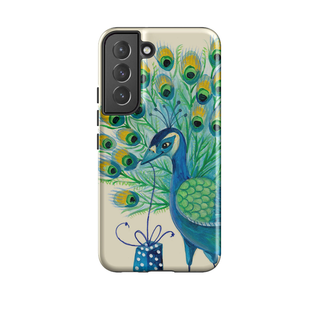 Samsung phone case-Peacock Present By Caroline Bonne Muller-Product Details Raised bevel to protect screen from scratches. Impact resistant polycarbonate shell and shock absorbing inner TPU liner. Secure fit with design wrapping around side of the case and full access to ports. Compatible with Qi-standard wireless charging. Thickness 1/8 inch (3mm), weight 30g. Compatibility See drop down menu for options, please select the right case as we print to order.-Stringberry