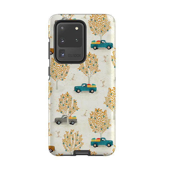 Samsung phone case-Pear Trees and Trucks By Katherine Quinn-Product Details Raised bevel to protect screen from scratches. Impact resistant polycarbonate shell and shock absorbing inner TPU liner. Secure fit with design wrapping around side of the case and full access to ports. Compatible with Qi-standard wireless charging. Thickness 1/8 inch (3mm), weight 30g. Compatibility See drop down menu for options, please select the right case as we print to order.-Stringberry