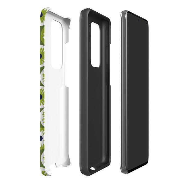 Samsung phone case-Penny Flowers Green By Ali Brookes-Product Details Raised bevel to protect screen from scratches. Impact resistant polycarbonate shell and shock absorbing inner TPU liner. Secure fit with design wrapping around side of the case and full access to ports. Compatible with Qi-standard wireless charging. Thickness 1/8 inch (3mm), weight 30g. Compatibility See drop down menu for options, please select the right case as we print to order.-Stringberry