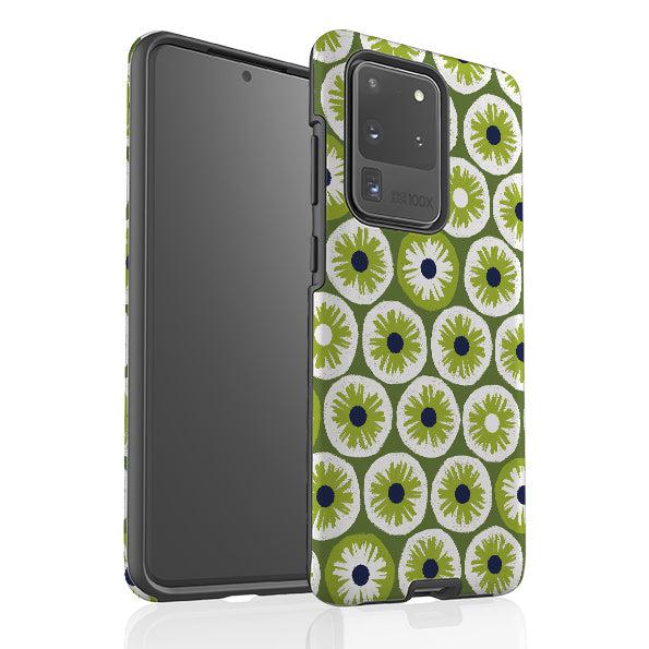 Samsung phone case-Penny Flowers Green By Ali Brookes-Product Details Raised bevel to protect screen from scratches. Impact resistant polycarbonate shell and shock absorbing inner TPU liner. Secure fit with design wrapping around side of the case and full access to ports. Compatible with Qi-standard wireless charging. Thickness 1/8 inch (3mm), weight 30g. Compatibility See drop down menu for options, please select the right case as we print to order.-Stringberry