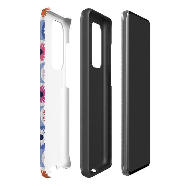 Samsung phone case-Penny Flowers Light Blue By Ali Brookes-Product Details Raised bevel to protect screen from scratches. Impact resistant polycarbonate shell and shock absorbing inner TPU liner. Secure fit with design wrapping around side of the case and full access to ports. Compatible with Qi-standard wireless charging. Thickness 1/8 inch (3mm), weight 30g. Compatibility See drop down menu for options, please select the right case as we print to order.-Stringberry