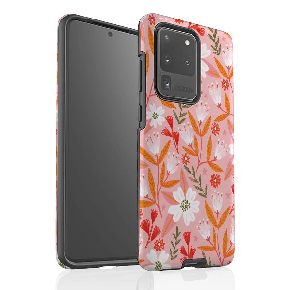 Samsung phone case-Pink And Orange Florals By Lee Foster Wilson-Product Details Raised bevel to protect screen from scratches. Impact resistant polycarbonate shell and shock absorbing inner TPU liner. Secure fit with design wrapping around side of the case and full access to ports. Compatible with Qi-standard wireless charging. Thickness 1/8 inch (3mm), weight 30g. Compatibility See drop down menu for options, please select the right case as we print to order.-Stringberry