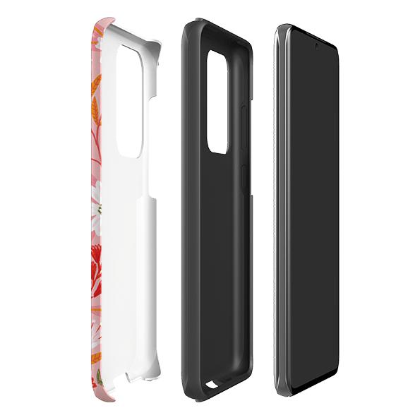 Samsung phone case-Pink And Orange Florals By Lee Foster Wilson-Product Details Raised bevel to protect screen from scratches. Impact resistant polycarbonate shell and shock absorbing inner TPU liner. Secure fit with design wrapping around side of the case and full access to ports. Compatible with Qi-standard wireless charging. Thickness 1/8 inch (3mm), weight 30g. Compatibility See drop down menu for options, please select the right case as we print to order.-Stringberry