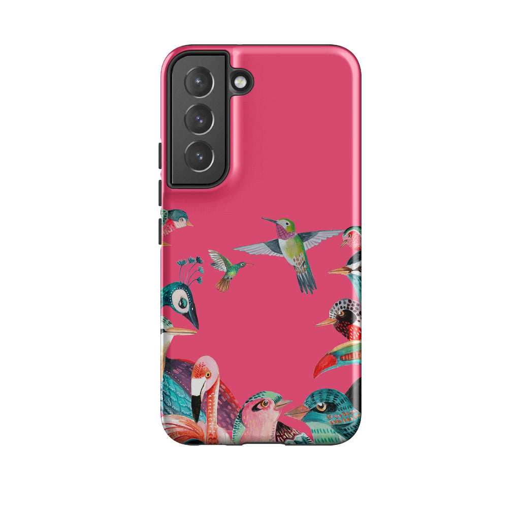 Samsung phone case-Pink Birds By Caroline Bonne Muller-Product Details Raised bevel to protect screen from scratches. Impact resistant polycarbonate shell and shock absorbing inner TPU liner. Secure fit with design wrapping around side of the case and full access to ports. Compatible with Qi-standard wireless charging. Thickness 1/8 inch (3mm), weight 30g. Compatibility See drop down menu for options, please select the right case as we print to order.-Stringberry