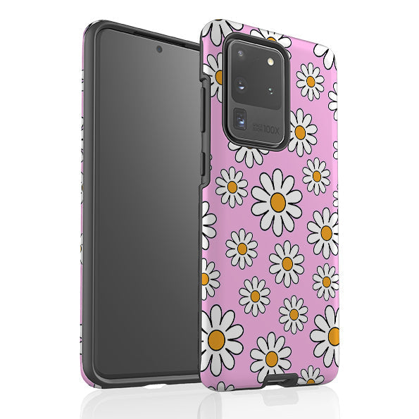 Samsung phone case-Pink Daises-Product Details Raised bevel to protect screen from scratches. Impact resistant polycarbonate shell and shock absorbing inner TPU liner. Secure fit with design wrapping around side of the case and full access to ports. Compatible with Qi-standard wireless charging. Thickness 1/8 inch (3mm), weight 30g. Compatibility See drop down menu for options, please select the right case as we print to order.-Stringberry