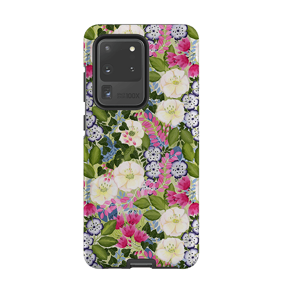 Samsung phone case-Pink Flowers By Bex Parkin-Product Details Raised bevel to protect screen from scratches. Impact resistant polycarbonate shell and shock absorbing inner TPU liner. Secure fit with design wrapping around side of the case and full access to ports. Compatible with Qi-standard wireless charging. Thickness 1/8 inch (3mm), weight 30g. Compatibility See drop down menu for options, please select the right case as we print to order.-Stringberry