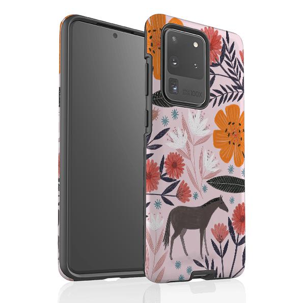 Samsung phone case-Pink Horse Floral By Lee Foster Wilson-Product Details Raised bevel to protect screen from scratches. Impact resistant polycarbonate shell and shock absorbing inner TPU liner. Secure fit with design wrapping around side of the case and full access to ports. Compatible with Qi-standard wireless charging. Thickness 1/8 inch (3mm), weight 30g. Compatibility See drop down menu for options, please select the right case as we print to order.-Stringberry