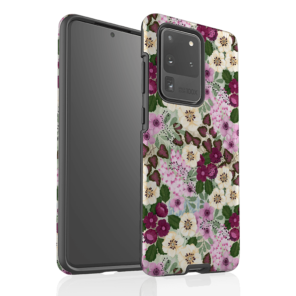 Samsung phone case-Purple Flowers By Bex Parkin-Product Details Raised bevel to protect screen from scratches. Impact resistant polycarbonate shell and shock absorbing inner TPU liner. Secure fit with design wrapping around side of the case and full access to ports. Compatible with Qi-standard wireless charging. Thickness 1/8 inch (3mm), weight 30g. Compatibility See drop down menu for options, please select the right case as we print to order.-Stringberry