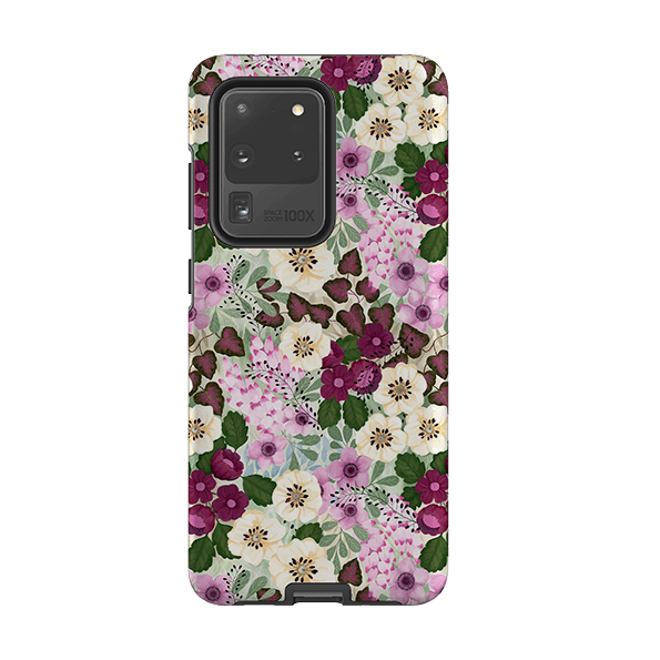 Samsung phone case-Purple Flowers By Bex Parkin-Product Details Raised bevel to protect screen from scratches. Impact resistant polycarbonate shell and shock absorbing inner TPU liner. Secure fit with design wrapping around side of the case and full access to ports. Compatible with Qi-standard wireless charging. Thickness 1/8 inch (3mm), weight 30g. Compatibility See drop down menu for options, please select the right case as we print to order.-Stringberry