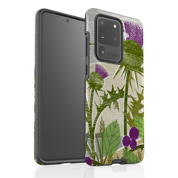 Samsung phone case-Purple Thistle By Liane Payne-Product Details Raised bevel to protect screen from scratches. Impact resistant polycarbonate shell and shock absorbing inner TPU liner. Secure fit with design wrapping around side of the case and full access to ports. Compatible with Qi-standard wireless charging. Thickness 1/8 inch (3mm), weight 30g. Compatibility See drop down menu for options, please select the right case as we print to order.-Stringberry