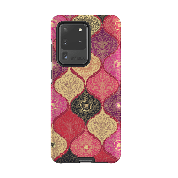 Samsung phone case-Red Damask By Jehane-Product Details Raised bevel to protect screen from scratches. Impact resistant polycarbonate shell and shock absorbing inner TPU liner. Secure fit with design wrapping around side of the case and full access to ports. Compatible with Qi-standard wireless charging. Thickness 1/8 inch (3mm), weight 30g. Compatibility See drop down menu for options, please select the right case as we print to order.-Stringberry