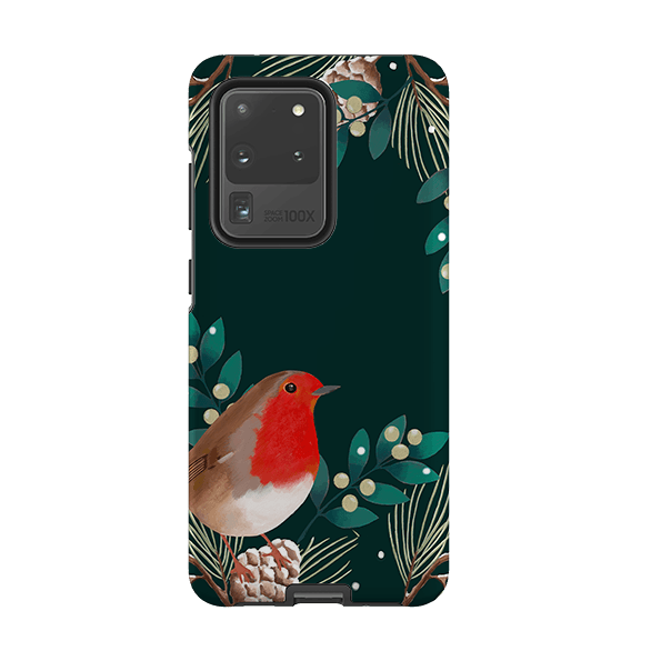 Samsung phone case-Robin Pine Cones By Bex Parkin-Product Details Raised bevel to protect screen from scratches. Impact resistant polycarbonate shell and shock absorbing inner TPU liner. Secure fit with design wrapping around side of the case and full access to ports. Compatible with Qi-standard wireless charging. Thickness 1/8 inch (3mm), weight 30g. Compatibility See drop down menu for options, please select the right case as we print to order.-Stringberry