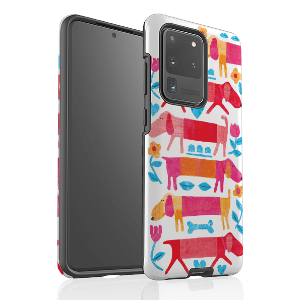 Samsung phone case-Sausage Dog By Tracey English-Product Details Raised bevel to protect screen from scratches. Impact resistant polycarbonate shell and shock absorbing inner TPU liner. Secure fit with design wrapping around side of the case and full access to ports. Compatible with Qi-standard wireless charging. Thickness 1/8 inch (3mm), weight 30g. Compatibility See drop down menu for options, please select the right case as we print to order.-Stringberry