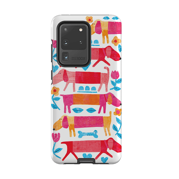 Samsung phone case-Sausage Dog By Tracey English-Product Details Raised bevel to protect screen from scratches. Impact resistant polycarbonate shell and shock absorbing inner TPU liner. Secure fit with design wrapping around side of the case and full access to ports. Compatible with Qi-standard wireless charging. Thickness 1/8 inch (3mm), weight 30g. Compatibility See drop down menu for options, please select the right case as we print to order.-Stringberry