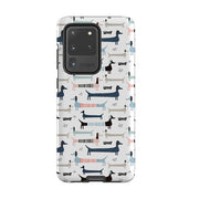 Samsung phone case-Sausage Dog-Product Details Raised bevel to protect screen from scratches. Impact resistant polycarbonate shell and shock absorbing inner TPU liner. Secure fit with design wrapping around side of the case and full access to ports. Compatible with Qi-standard wireless charging. Thickness 1/8 inch (3mm), weight 30g. Compatibility See drop down menu for options, please select the right case as we print to order.-Stringberry