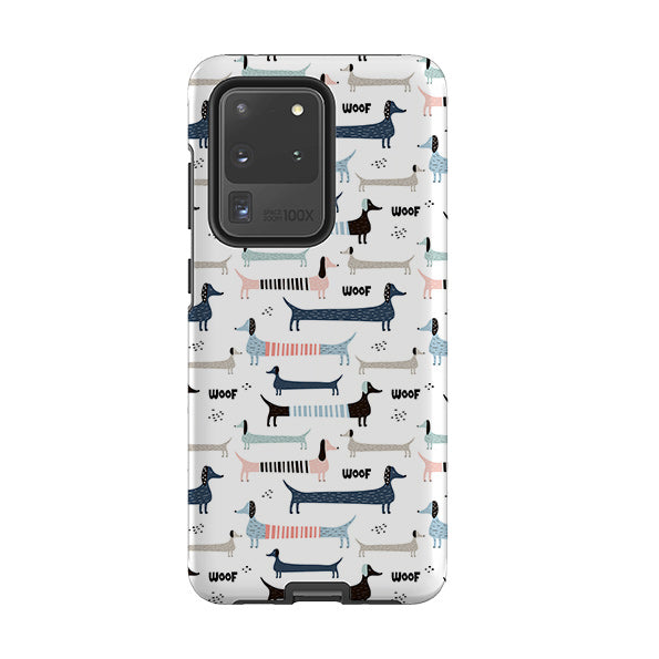 Samsung phone case-Sausage Dog-Product Details Raised bevel to protect screen from scratches. Impact resistant polycarbonate shell and shock absorbing inner TPU liner. Secure fit with design wrapping around side of the case and full access to ports. Compatible with Qi-standard wireless charging. Thickness 1/8 inch (3mm), weight 30g. Compatibility See drop down menu for options, please select the right case as we print to order.-Stringberry
