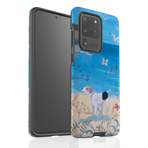 Samsung phone case-Seaside Dog By Mary Stubberfield-Product Details Raised bevel to protect screen from scratches. Impact resistant polycarbonate shell and shock absorbing inner TPU liner. Secure fit with design wrapping around side of the case and full access to ports. Compatible with Qi-standard wireless charging. Thickness 1/8 inch (3mm), weight 30g. Compatibility See drop down menu for options, please select the right case as we print to order.-Stringberry