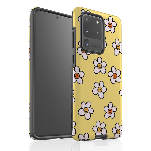 Samsung phone case-Smiley Mellow Yellow-Product Details Raised bevel to protect screen from scratches. Impact resistant polycarbonate shell and shock absorbing inner TPU liner. Secure fit with design wrapping around side of the case and full access to ports. Compatible with Qi-standard wireless charging. Thickness 1/8 inch (3mm), weight 30g. Compatibility See drop down menu for options, please select the right case as we print to order.-Stringberry