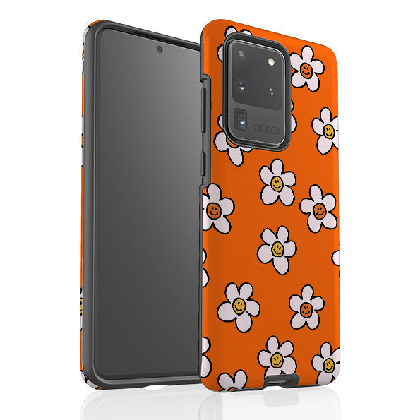 Samsung phone case-Smiley Orange-Product Details Raised bevel to protect screen from scratches. Impact resistant polycarbonate shell and shock absorbing inner TPU liner. Secure fit with design wrapping around side of the case and full access to ports. Compatible with Qi-standard wireless charging. Thickness 1/8 inch (3mm), weight 30g. Compatibility See drop down menu for options, please select the right case as we print to order.-Stringberry
