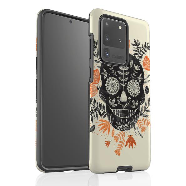 Samsung phone case-Sugarskull Cream By Jade Mosinski-Product Details Raised bevel to protect screen from scratches. Impact resistant polycarbonate shell and shock absorbing inner TPU liner. Secure fit with design wrapping around side of the case and full access to ports. Compatible with Qi-standard wireless charging. Thickness 1/8 inch (3mm), weight 30g. Compatibility See drop down menu for options, please select the right case as we print to order.-Stringberry