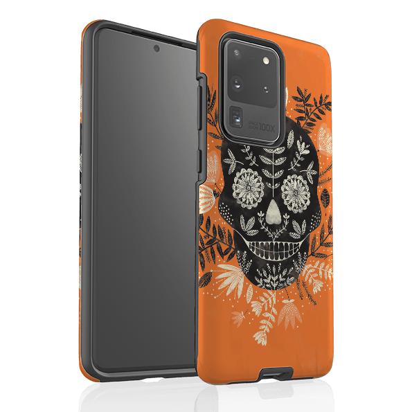 Samsung phone case-Sugarskull Orange By Jade Mosinski-Product Details Raised bevel to protect screen from scratches. Impact resistant polycarbonate shell and shock absorbing inner TPU liner. Secure fit with design wrapping around side of the case and full access to ports. Compatible with Qi-standard wireless charging. Thickness 1/8 inch (3mm), weight 30g. Compatibility See drop down menu for options, please select the right case as we print to order.-Stringberry