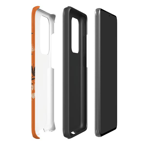 Samsung phone case-Sugarskull Orange By Jade Mosinski-Product Details Raised bevel to protect screen from scratches. Impact resistant polycarbonate shell and shock absorbing inner TPU liner. Secure fit with design wrapping around side of the case and full access to ports. Compatible with Qi-standard wireless charging. Thickness 1/8 inch (3mm), weight 30g. Compatibility See drop down menu for options, please select the right case as we print to order.-Stringberry