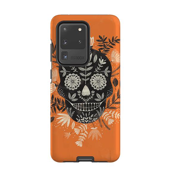 Samsung phone case-Sugarskull Orange By Jade Mosinski-Product Details Raised bevel to protect screen from scratches. Impact resistant polycarbonate shell and shock absorbing inner TPU liner. Secure fit with design wrapping around side of the case and full access to ports. Compatible with Qi-standard wireless charging. Thickness 1/8 inch (3mm), weight 30g. Compatibility See drop down menu for options, please select the right case as we print to order.-Stringberry