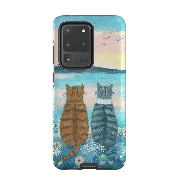 Samsung phone case-Sunset Cats 2 By Mary Stubberfield-Product Details Raised bevel to protect screen from scratches. Impact resistant polycarbonate shell and shock absorbing inner TPU liner. Secure fit with design wrapping around side of the case and full access to ports. Compatible with Qi-standard wireless charging. Thickness 1/8 inch (3mm), weight 30g. Compatibility See drop down menu for options, please select the right case as we print to order.-Stringberry