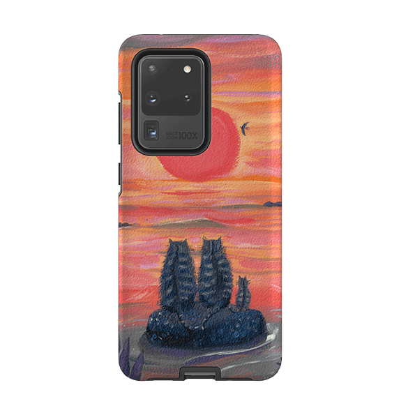 Samsung phone case-Sunset Cats By Mary Stubberfield-Product Details Raised bevel to protect screen from scratches. Impact resistant polycarbonate shell and shock absorbing inner TPU liner. Secure fit with design wrapping around side of the case and full access to ports. Compatible with Qi-standard wireless charging. Thickness 1/8 inch (3mm), weight 30g. Compatibility See drop down menu for options, please select the right case as we print to order.-Stringberry