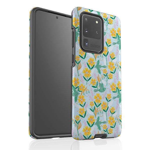 Samsung phone case-Sweet Birds Blue By Lee Foster Wilson-Product Details Raised bevel to protect screen from scratches. Impact resistant polycarbonate shell and shock absorbing inner TPU liner. Secure fit with design wrapping around side of the case and full access to ports. Compatible with Qi-standard wireless charging. Thickness 1/8 inch (3mm), weight 30g. Compatibility See drop down menu for options, please select the right case as we print to order.-Stringberry