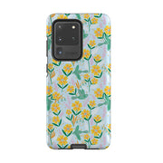 Samsung phone case-Sweet Birds Blue By Lee Foster Wilson-Product Details Raised bevel to protect screen from scratches. Impact resistant polycarbonate shell and shock absorbing inner TPU liner. Secure fit with design wrapping around side of the case and full access to ports. Compatible with Qi-standard wireless charging. Thickness 1/8 inch (3mm), weight 30g. Compatibility See drop down menu for options, please select the right case as we print to order.-Stringberry